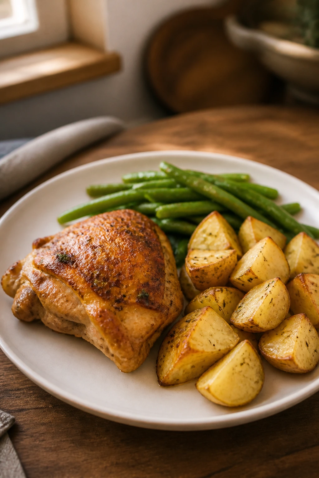 Neatly plated roasted chicken and potatoes on a plate