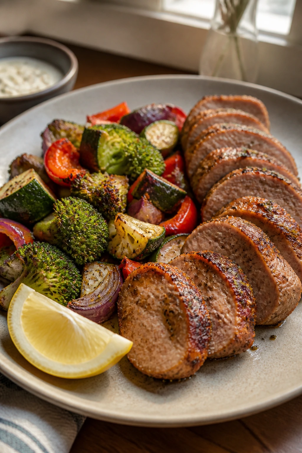 Plated pork medallions with vegetables and lemon wedge