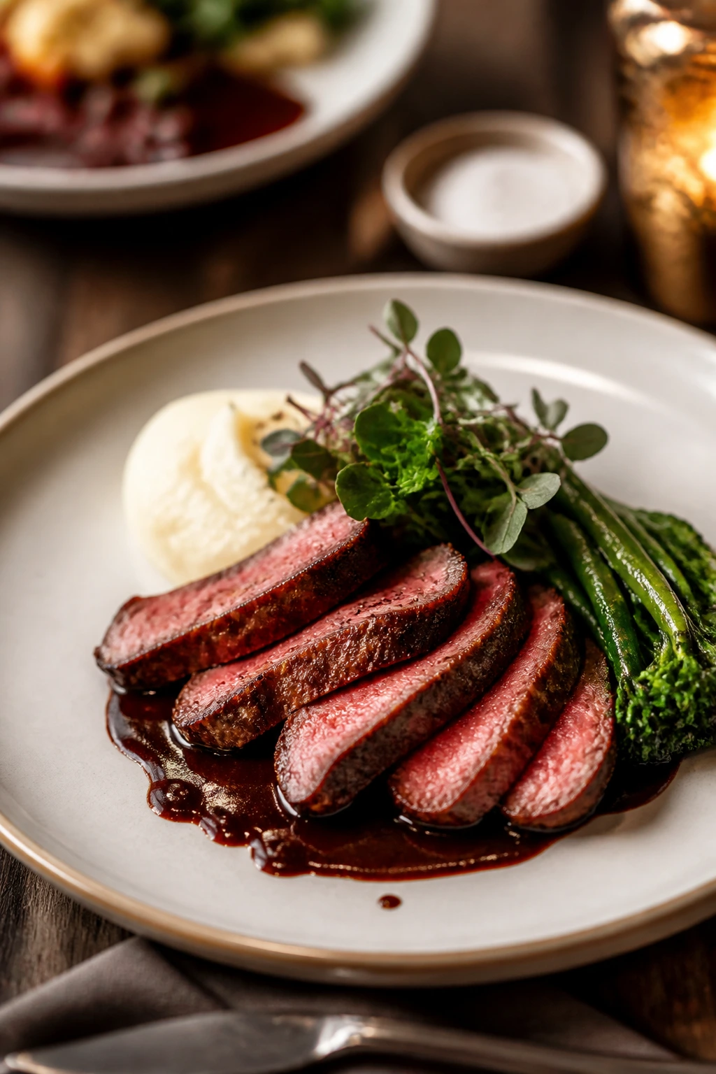 Elegant plated dish with garnish on warm table.