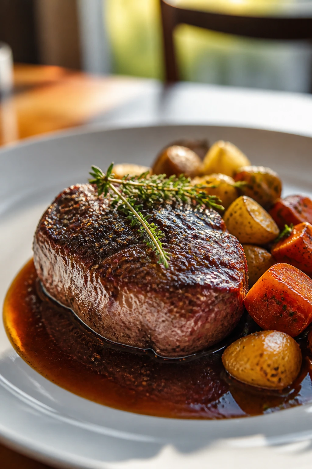 Close-up plated main course with sauce on a white plate in a cozy dining setting.