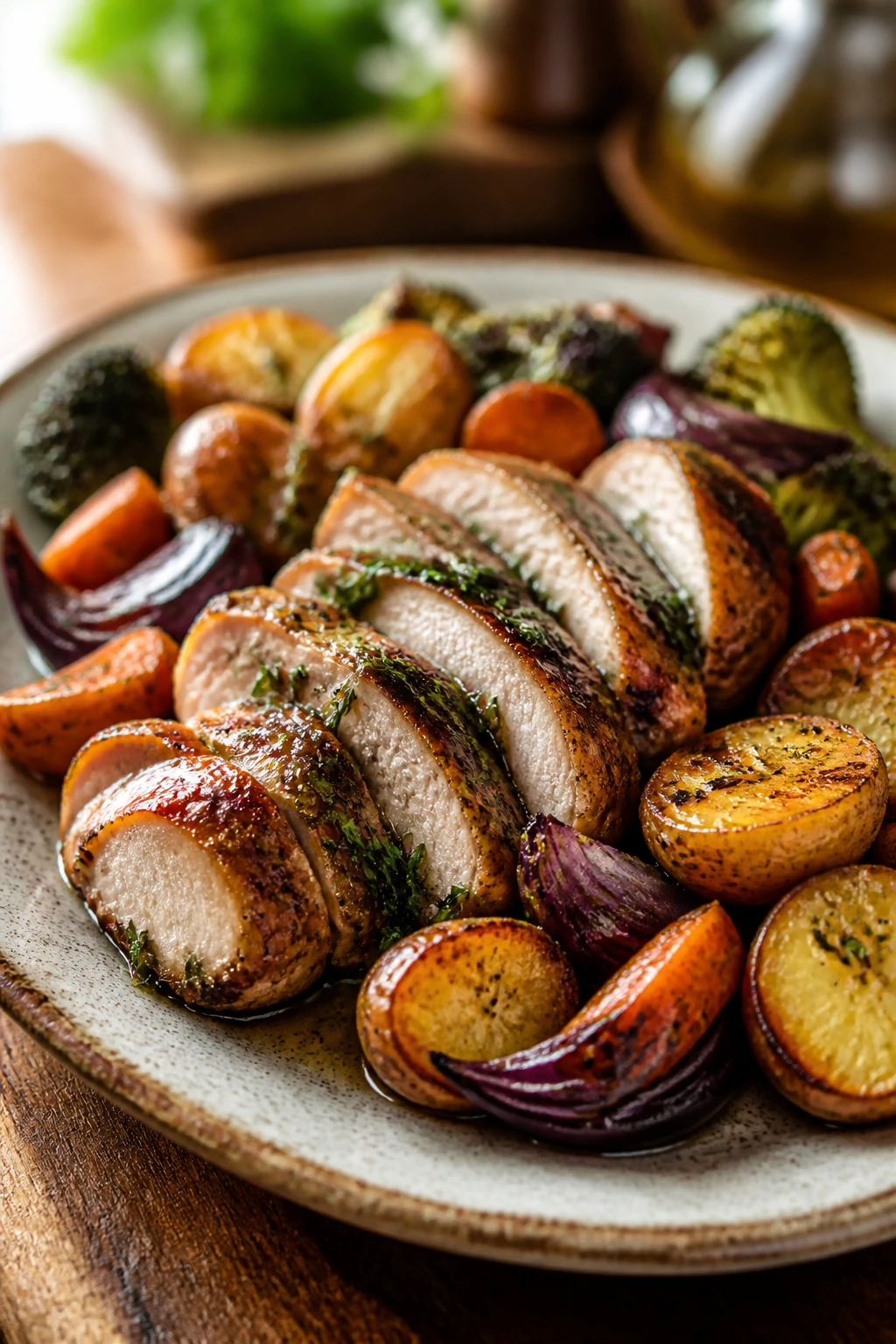 Plated sheet-pan dinner on a rustic plate ready to serve