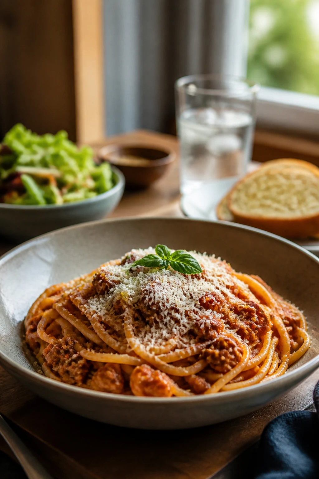 Neatly plated spaghetti dish with parmesan and herbs