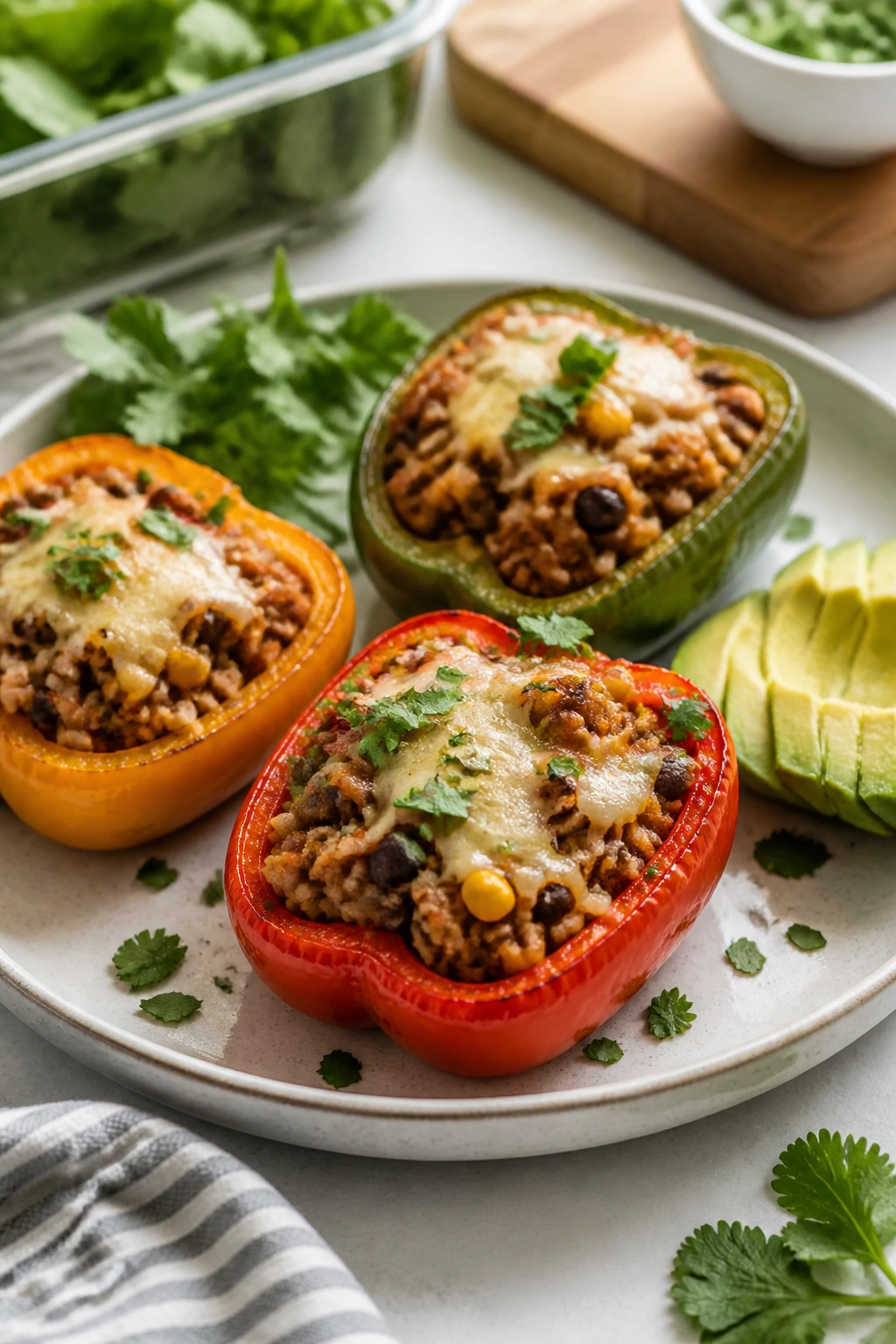 plated stuffed peppers on a plate with herbs in a bright kitchen