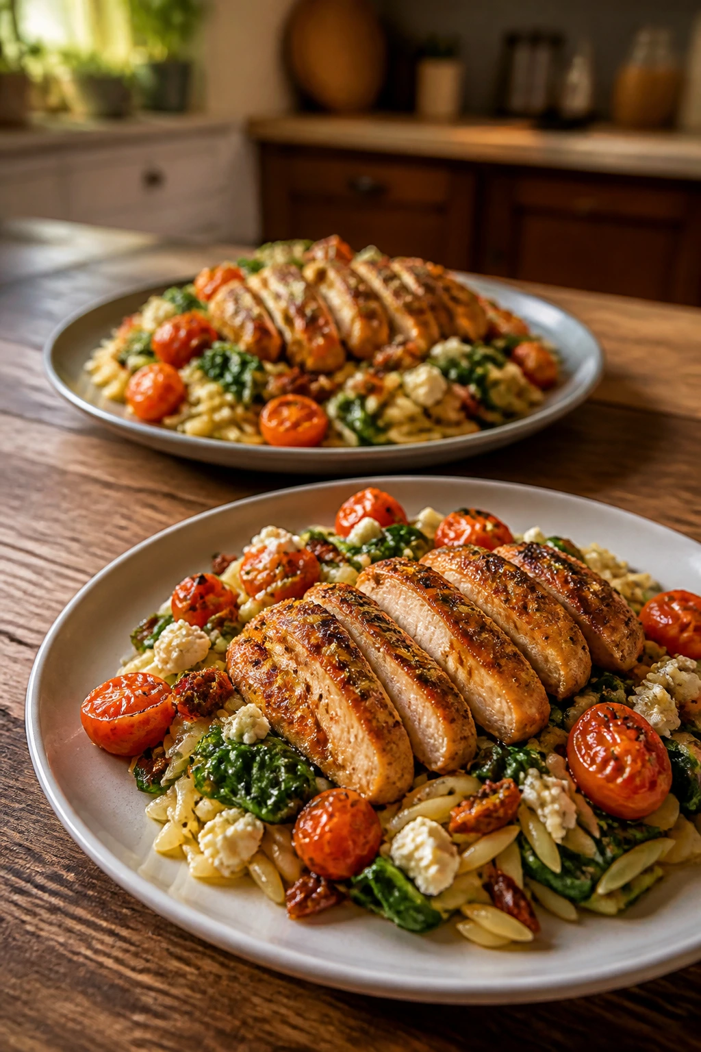 Two plates with a skillet dinner served on a rustic table in a warm kitchen