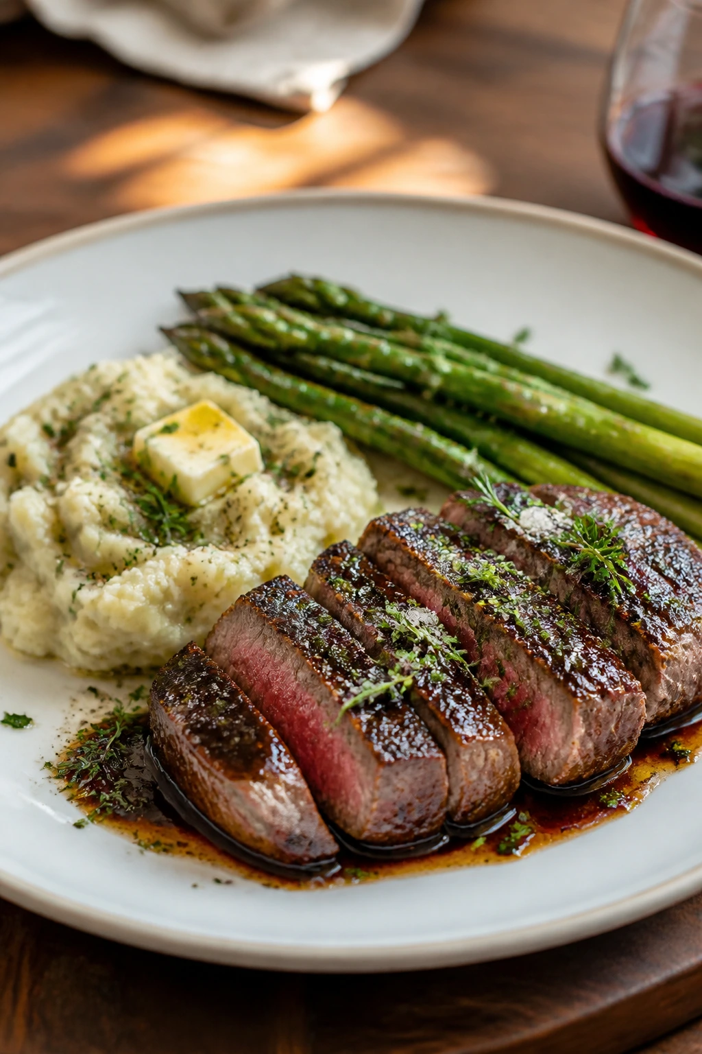 Beautifully plated main dish with garnish on a warm table