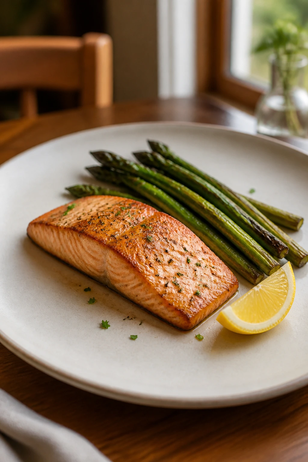 A well-plated salmon with asparagus on a clean plate with breathing space.