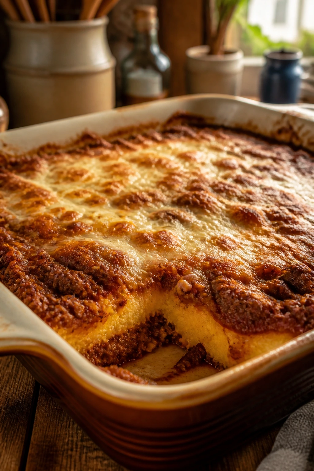 Bolognese polenta bake bubbling in casserole dish on wooden counter