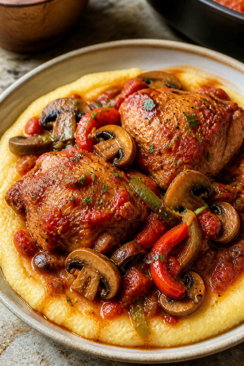 Chicken cacciatore with peppers and mushrooms over soft polenta