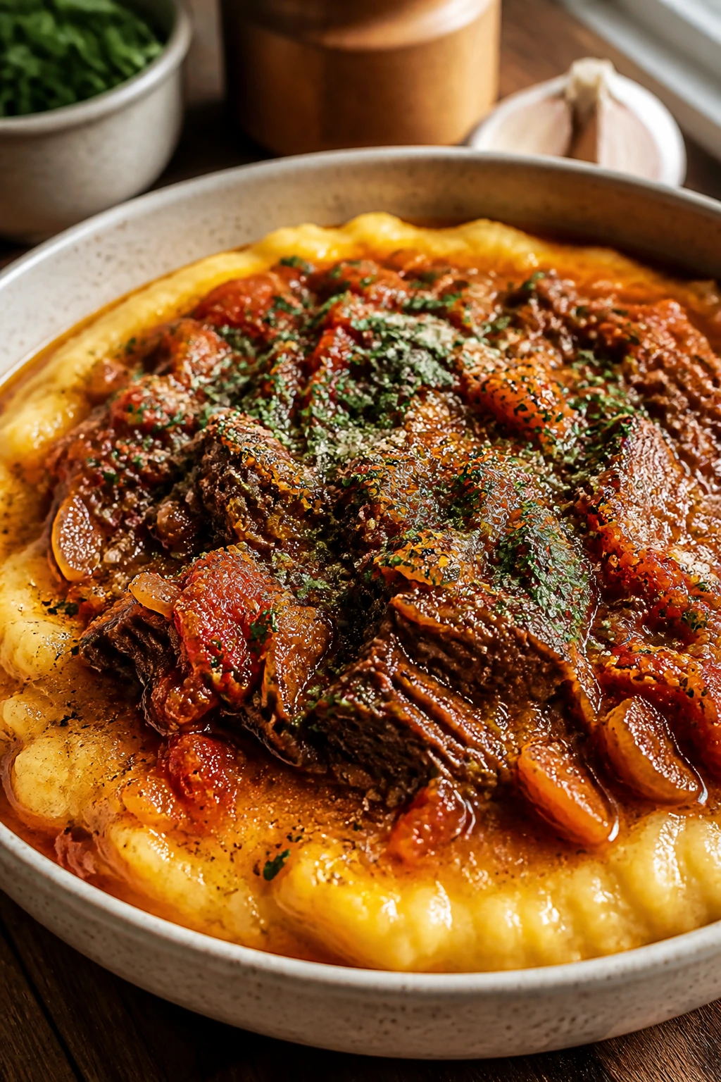 Close-up of glossy polenta with tomato sauce in a cozy kitchen