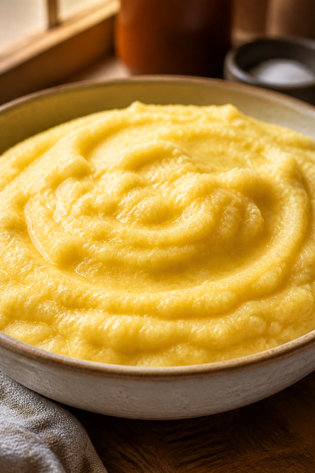 Creamy polenta in a shallow bowl ready to serve