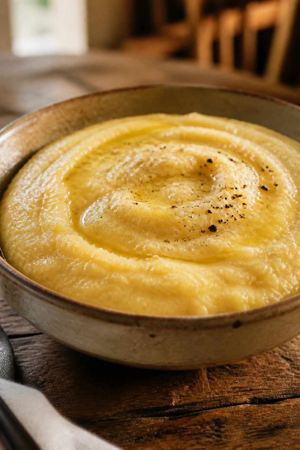 Creamy polenta in a rustic bowl on a wooden table
