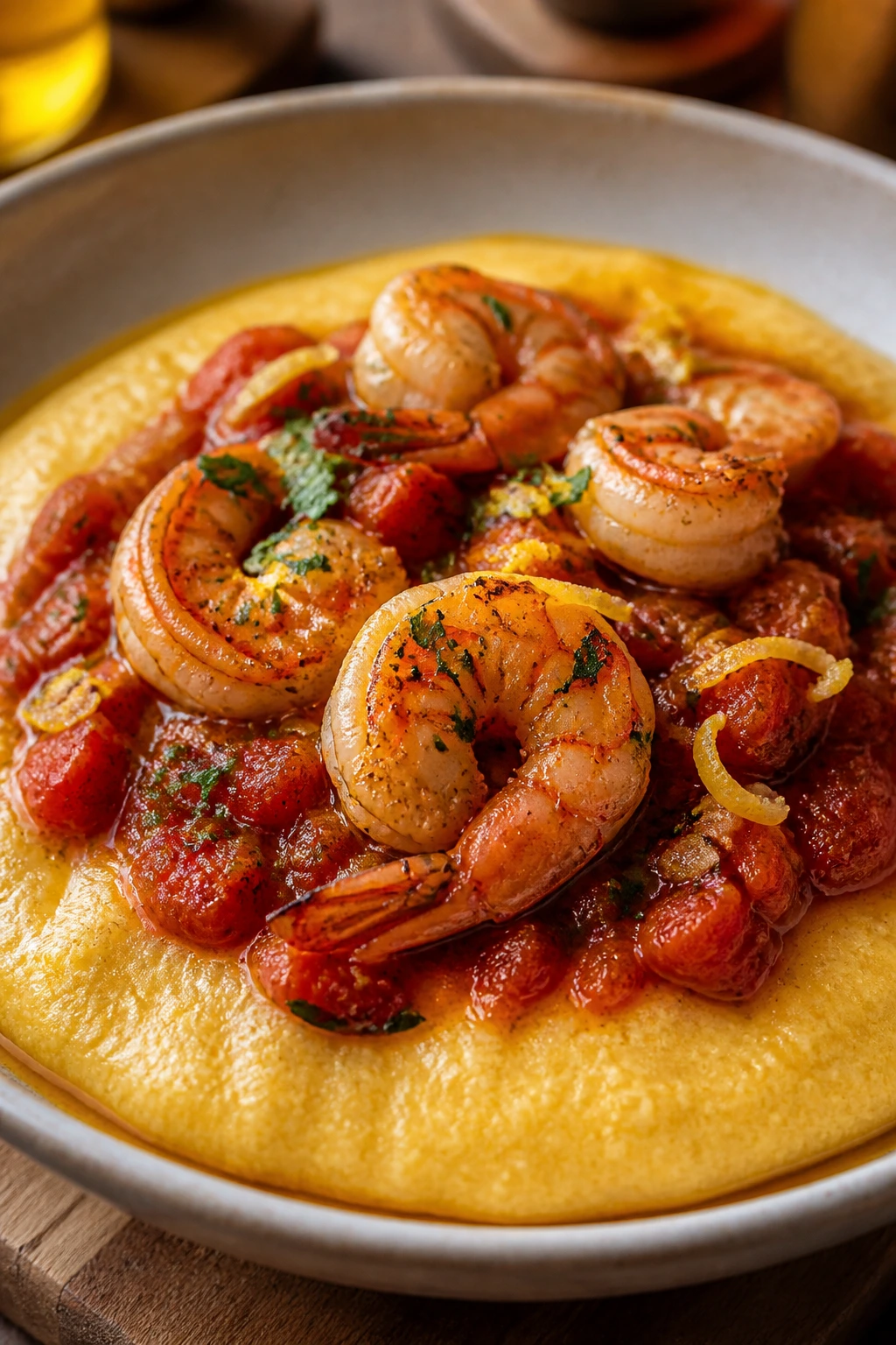 Garlic shrimp and tomato polenta dish