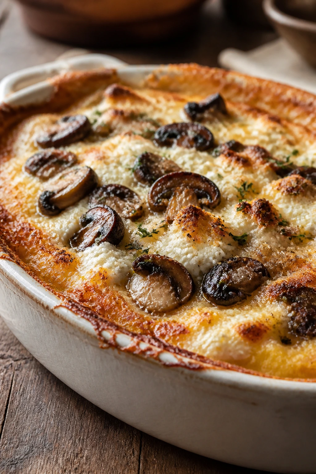 Close-up of ricotta and roasted mushroom polenta gratin in a baking dish on a wooden table