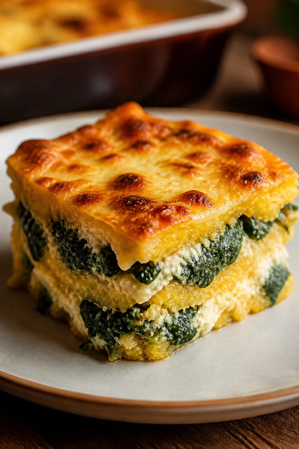Slice of spinach ricotta polenta lasagna bake with cheese pull