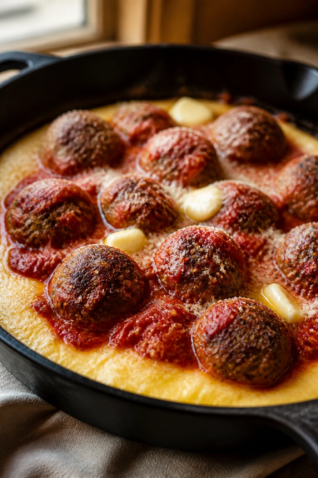 Creamy polenta with meatballs in a skillet with tomato sauce
