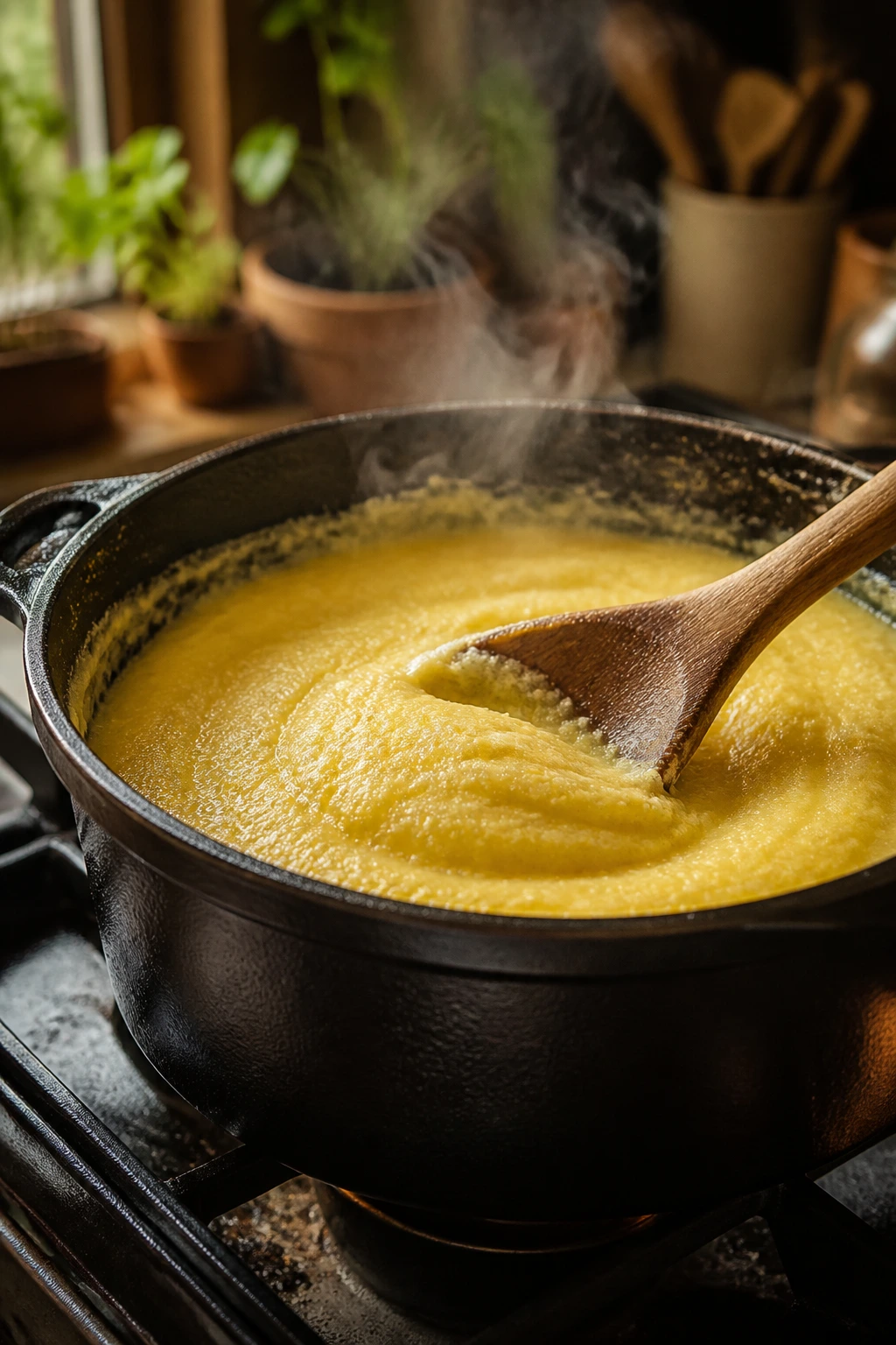 Close-up of polenta in a pot showing texture and potential mistakes in a home kitchen