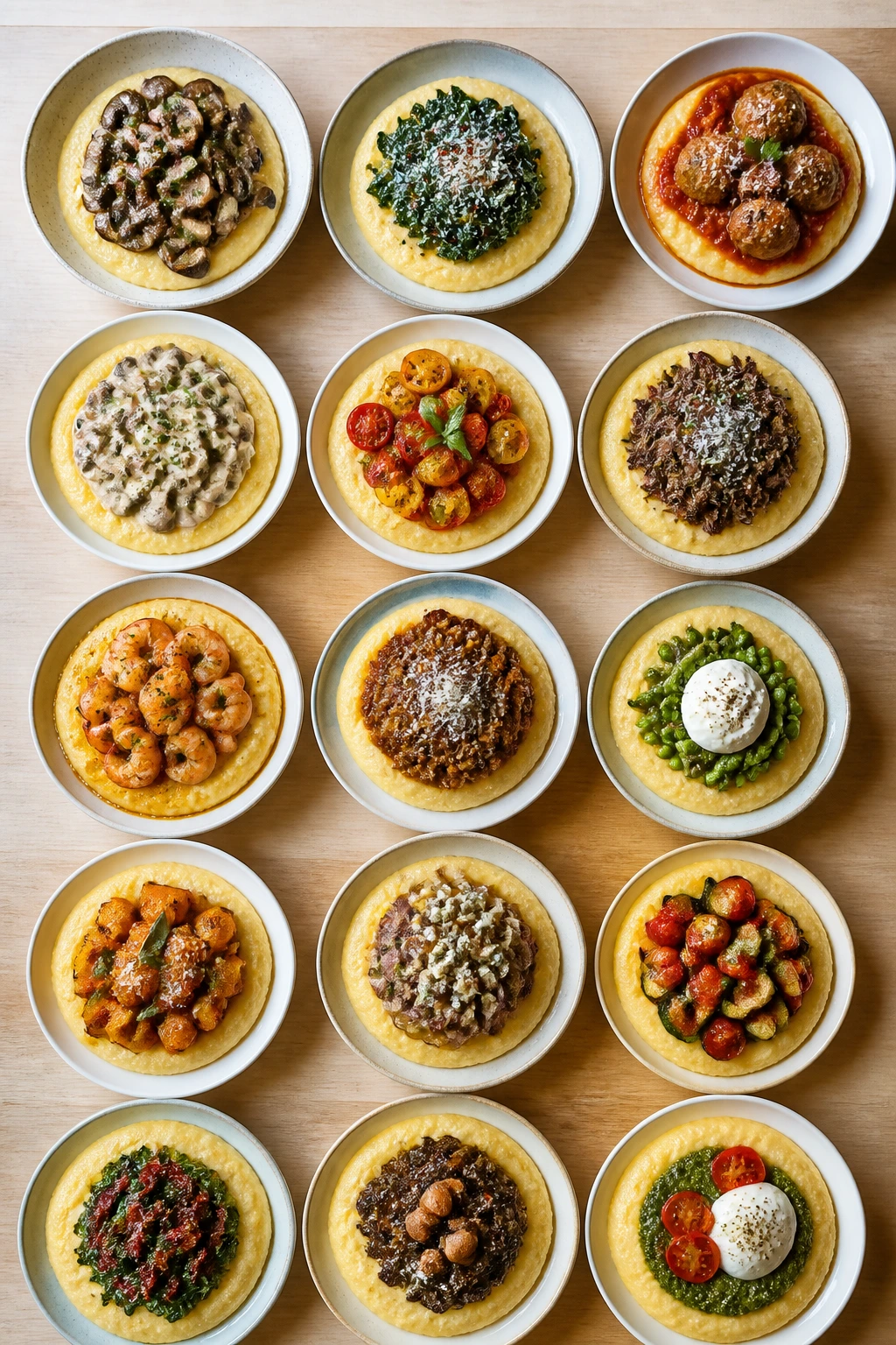 Overhead view of polenta plates arranged like a recipe table