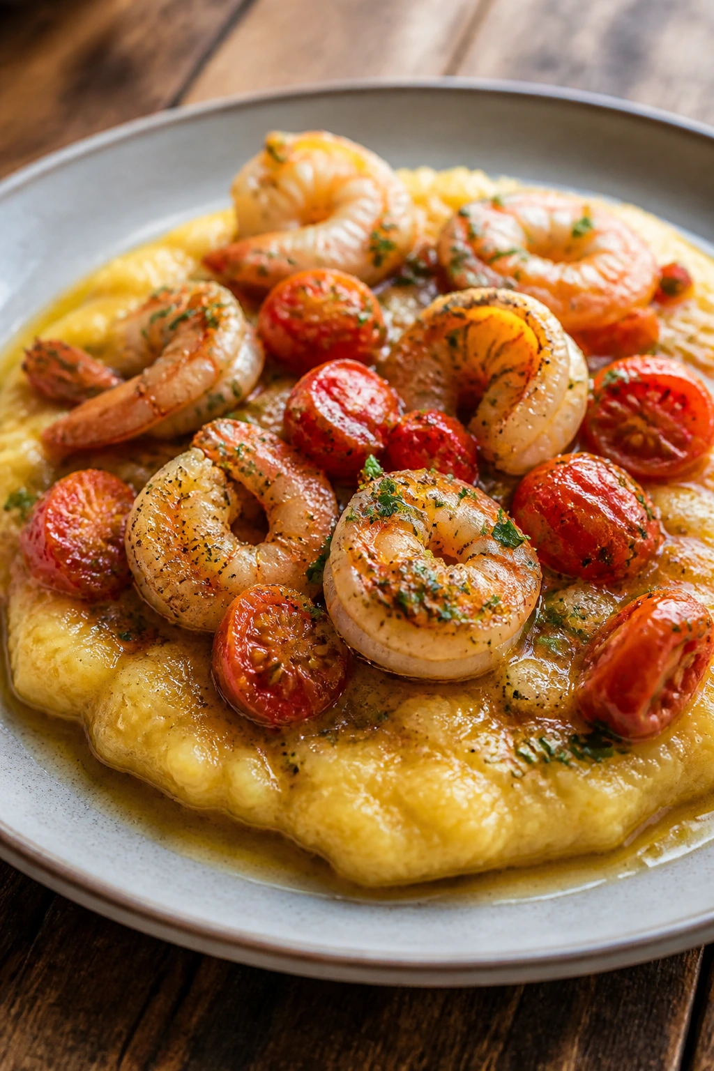 Shrimp scampi over polenta with cherry tomatoes on a rustic table
