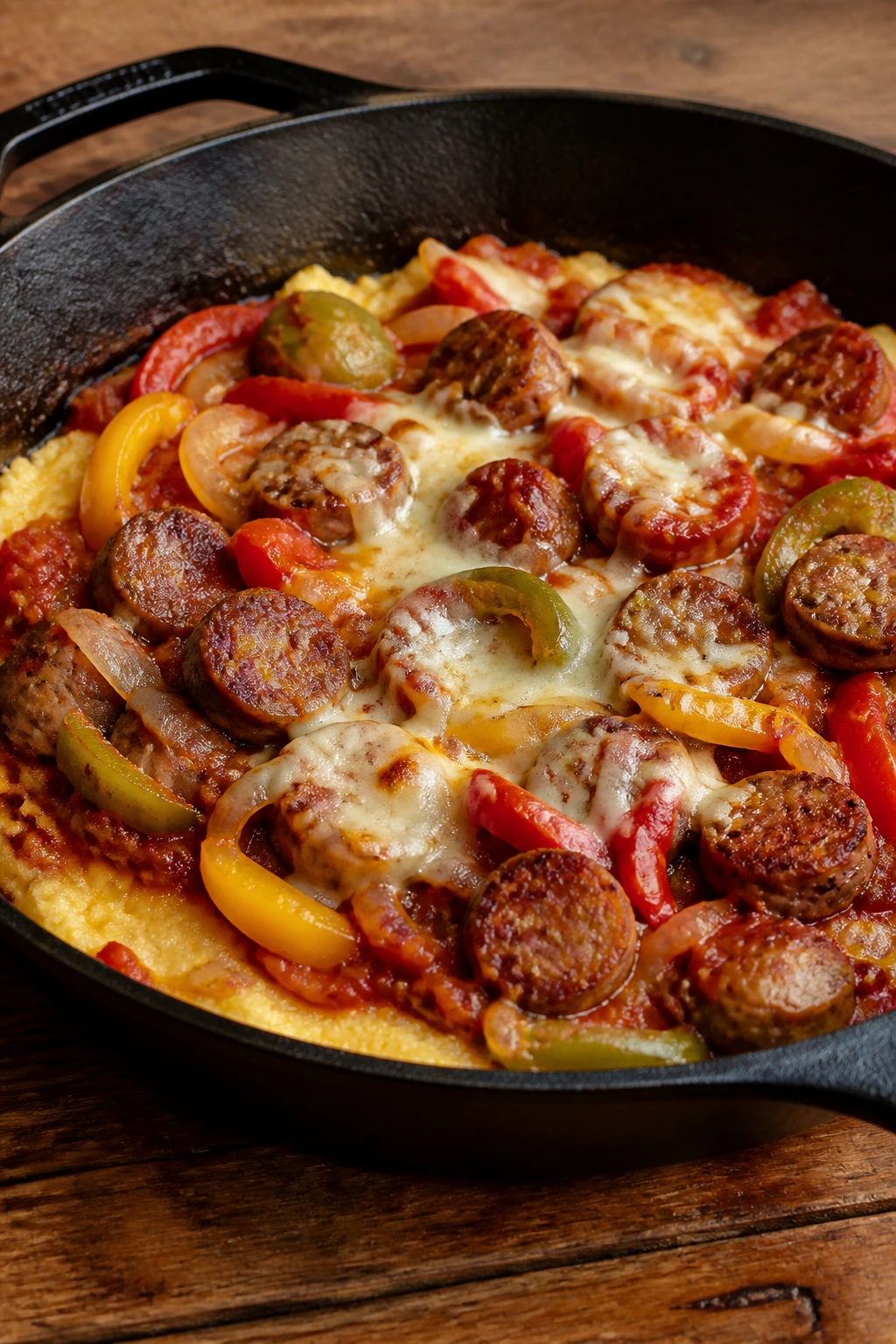 Sausage peppers and onions over polenta in a cast-iron skillet on wood