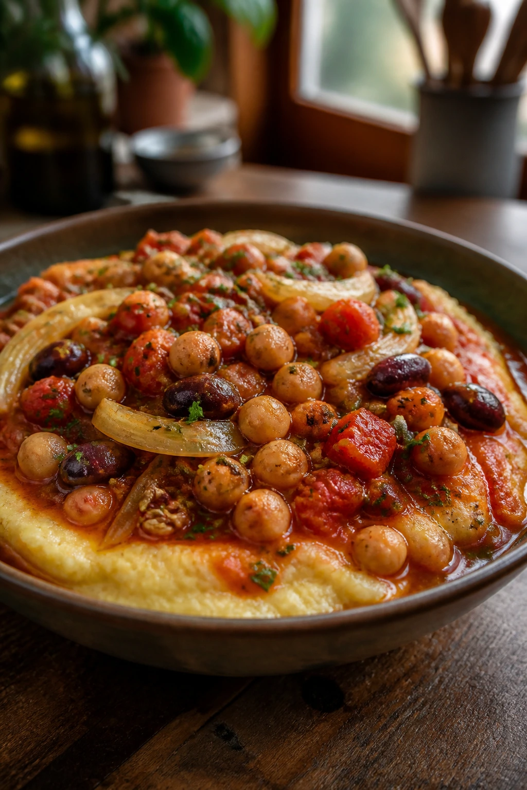Rustic bowl with Sicilian chickpea tomato polenta stew on wooden table
