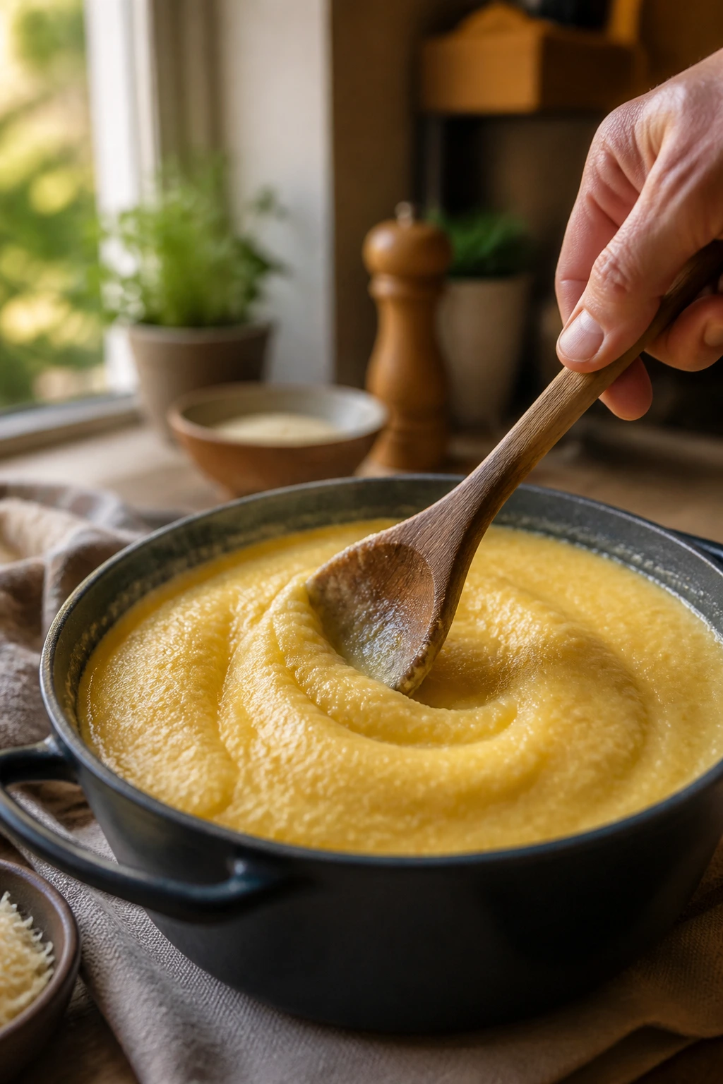 Creamy polenta in a pan with a hand ready to stir, in a cozy kitchen