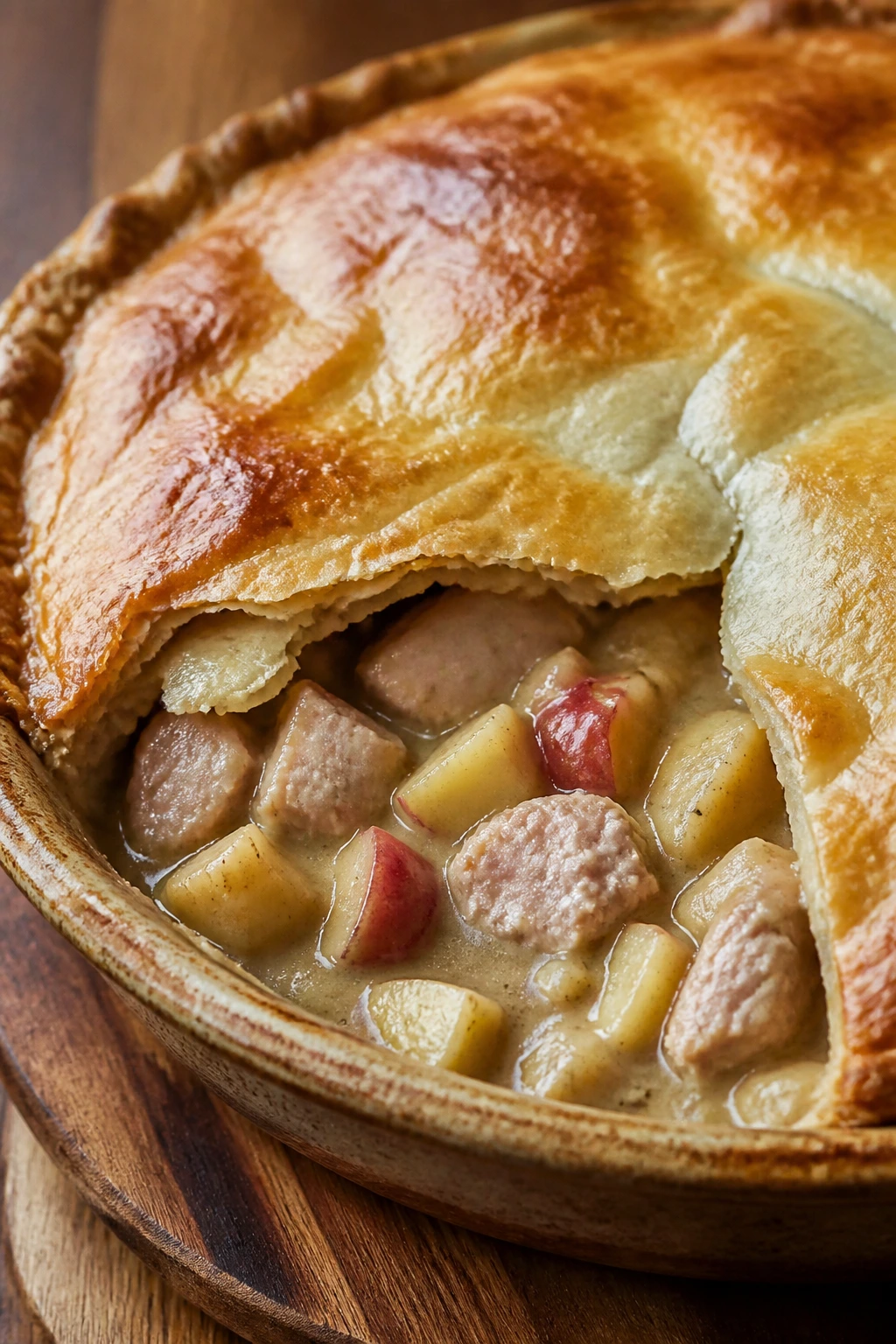 Close-up of pork and apple cider pot pie with crust crack revealing filling.