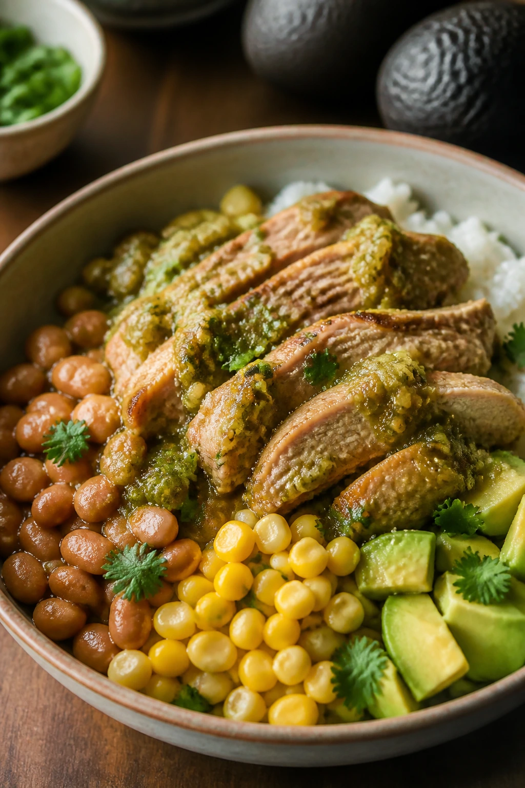 Close-up of a burrito bowl with pork, rice, beans, corn, and avocado in salsa verde, warm kitchen setting