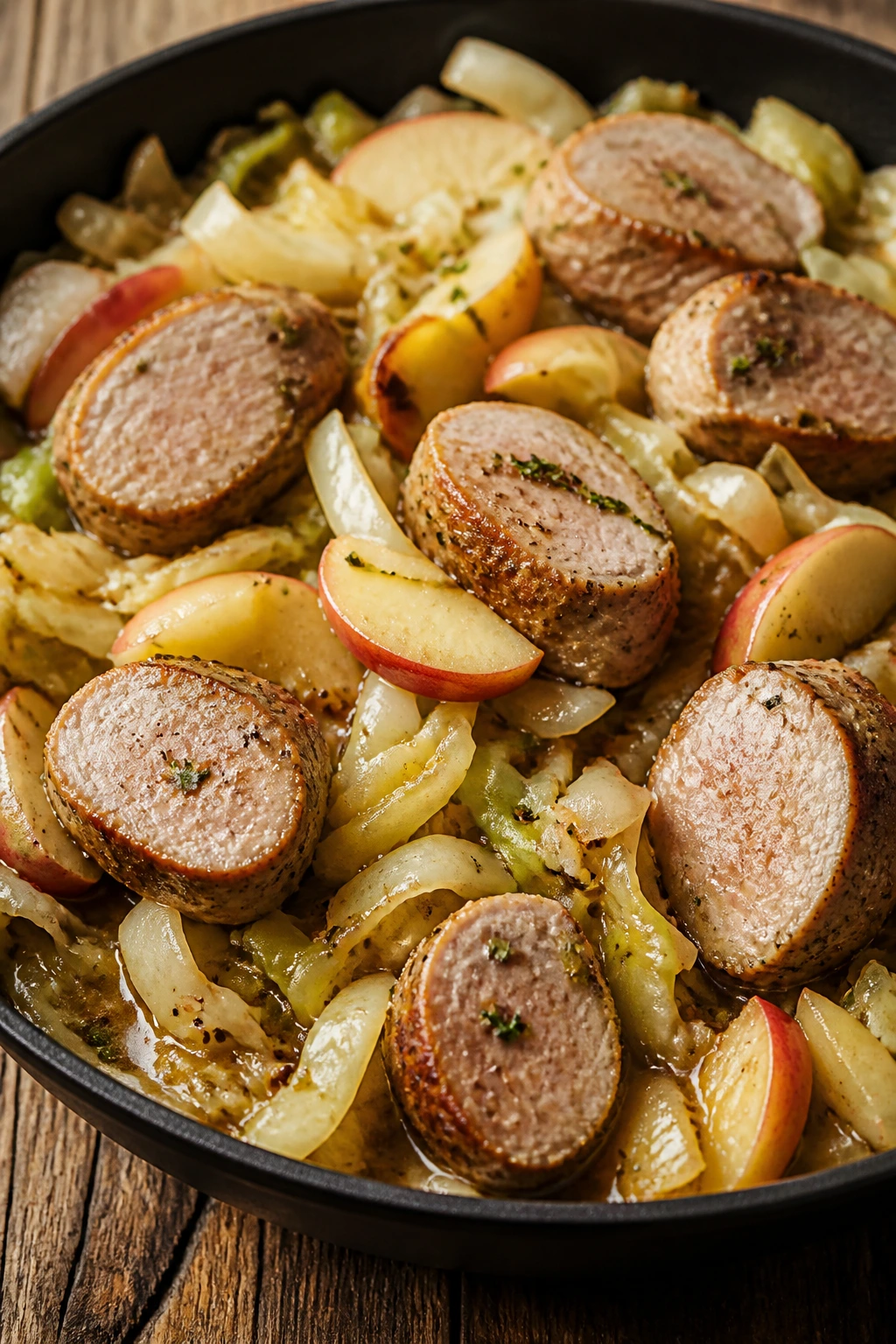 Pork medallions with cabbage and apples in a skillet