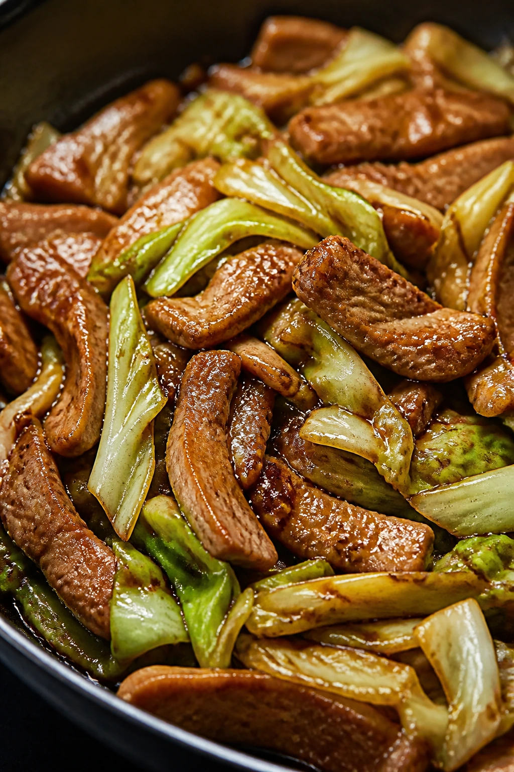 Pork and cabbage stir-fry with hoisin glaze in a pan