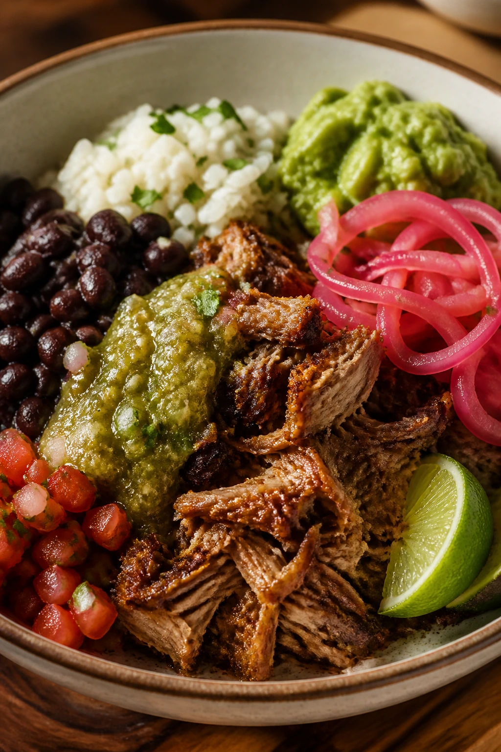 Pork carnitas burrito bowl with crisp edges and pickled onions