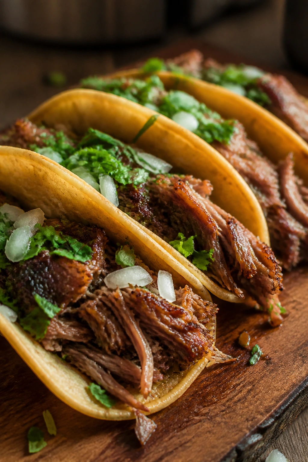 Close-up of pork carnitas tacos on a wooden board