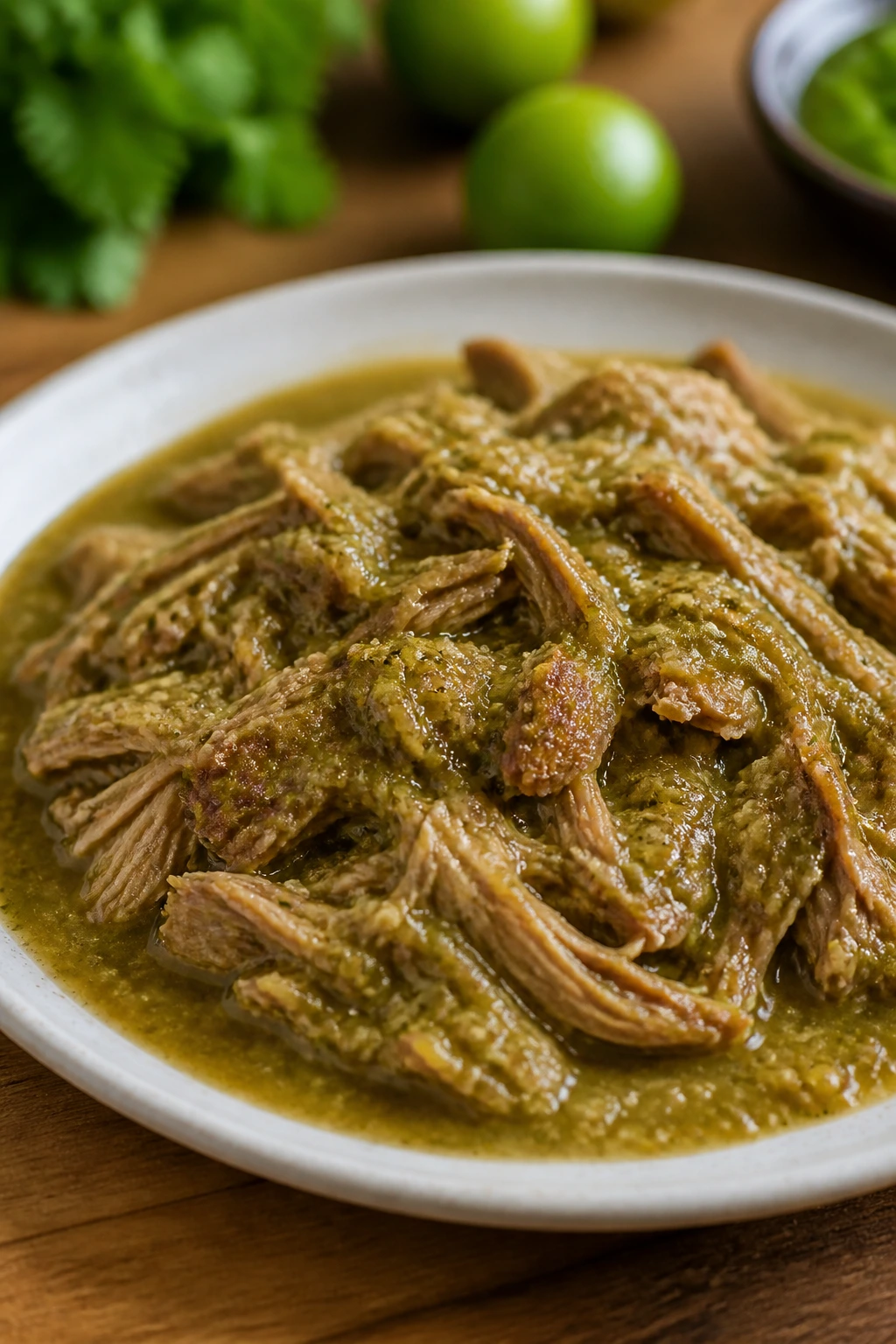 Shredded pork with verde sauce on plate