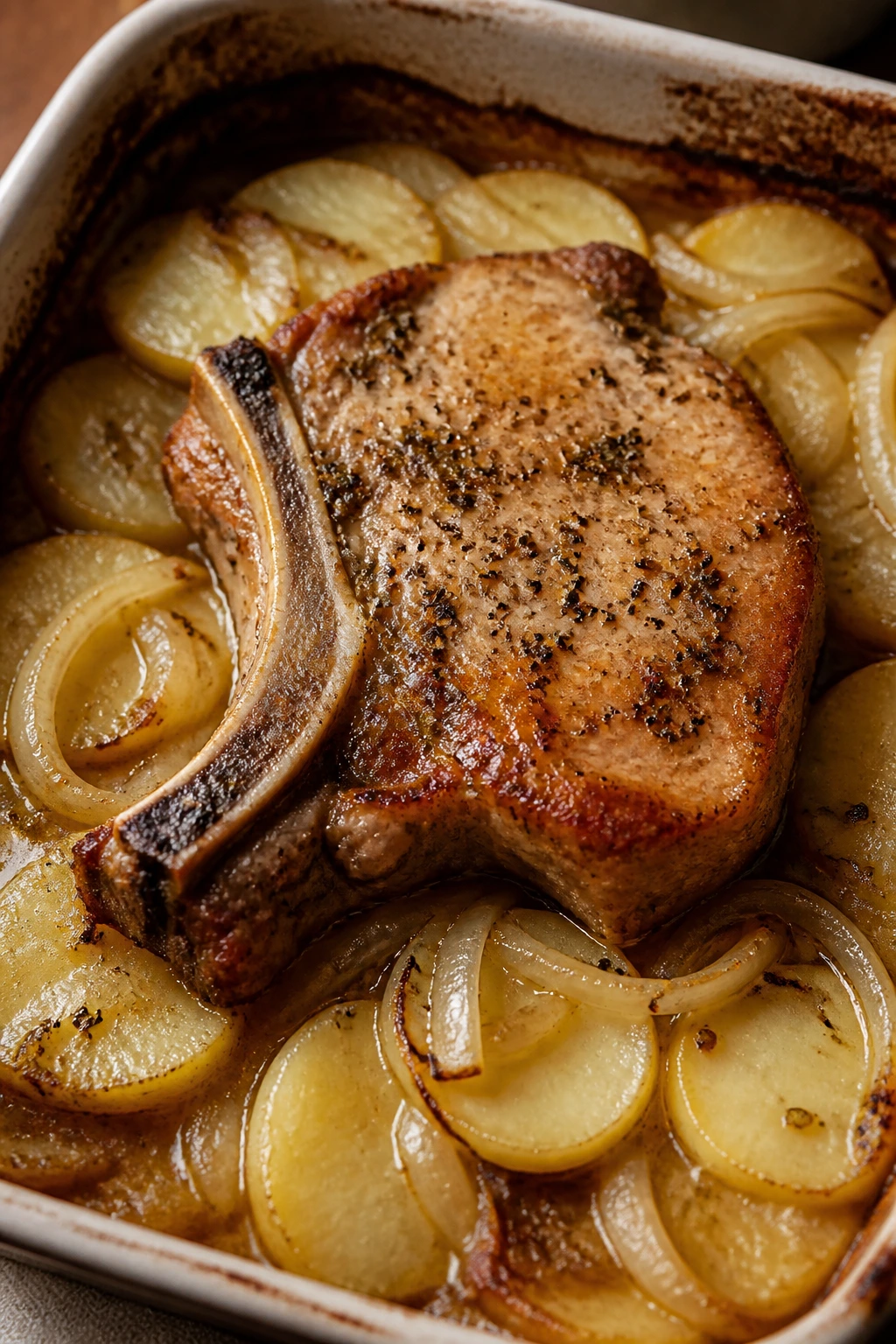 Close-up of bone-in pork chop with potatoes and onions in a casserole
