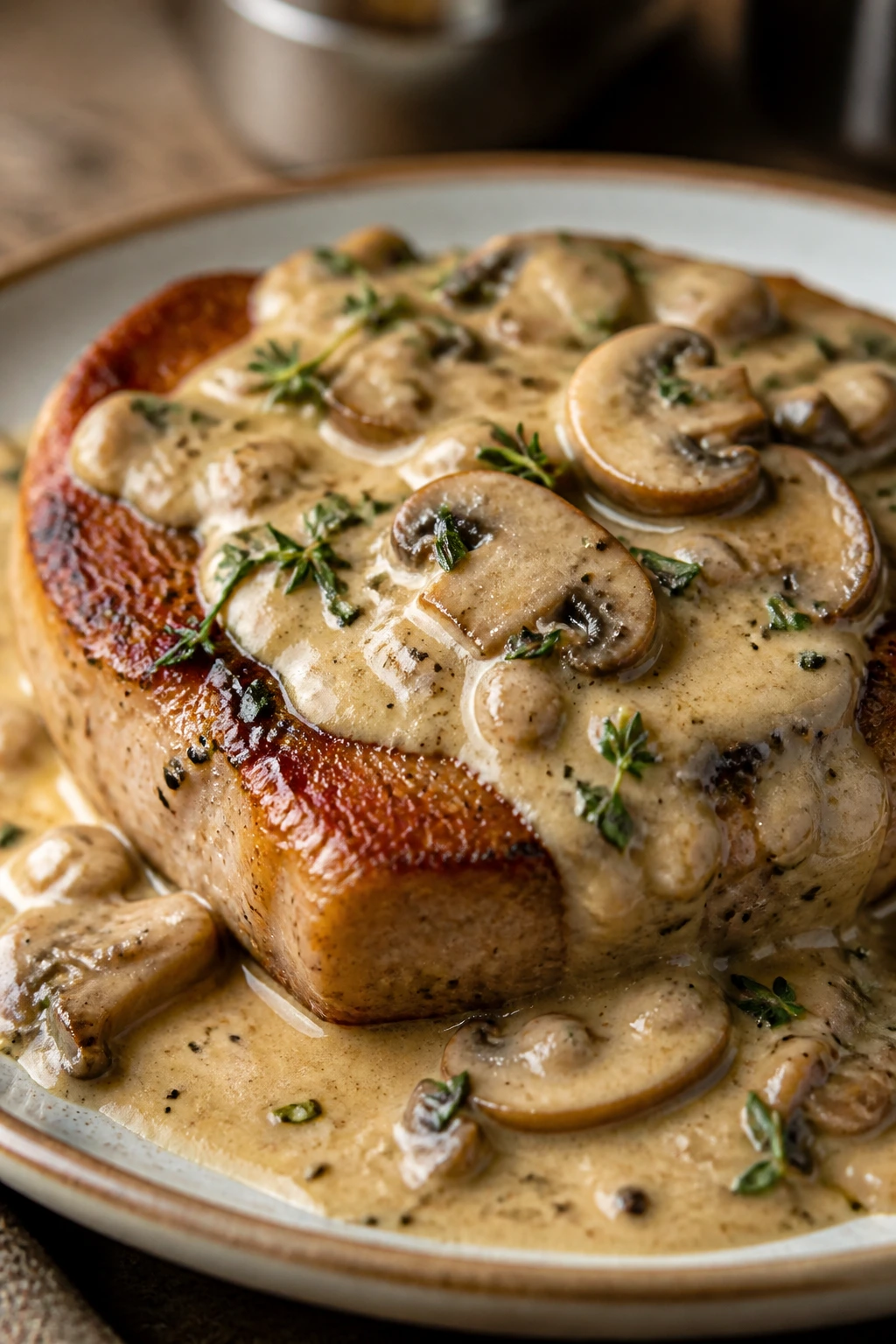 Close-up of pork chop with creamy mushroom sauce on rustic plate in a warm kitchen