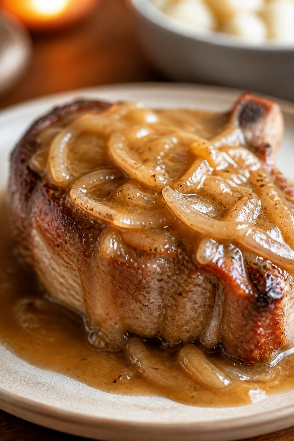Close-up of bone-in pork chop with onion gravy on a plate