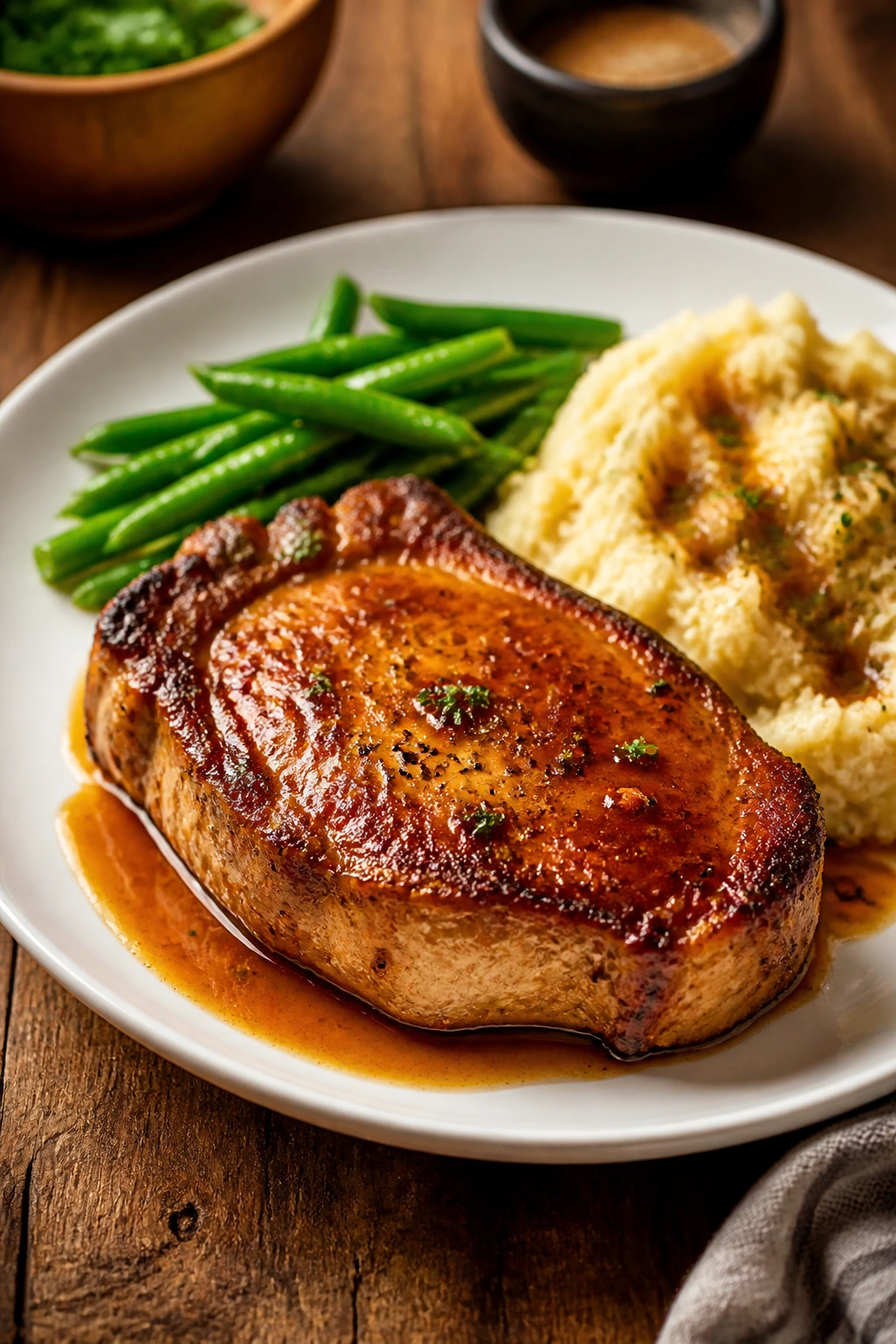 Plated pork chop with glaze on a rustic wooden table.