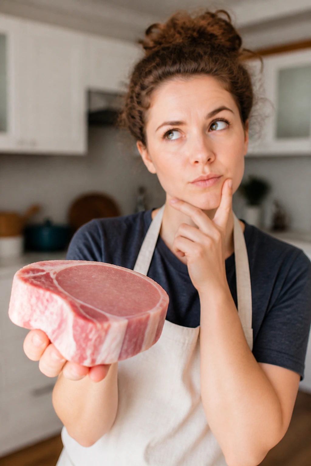 Real person in a kitchen holding a pork chop in the foreground.