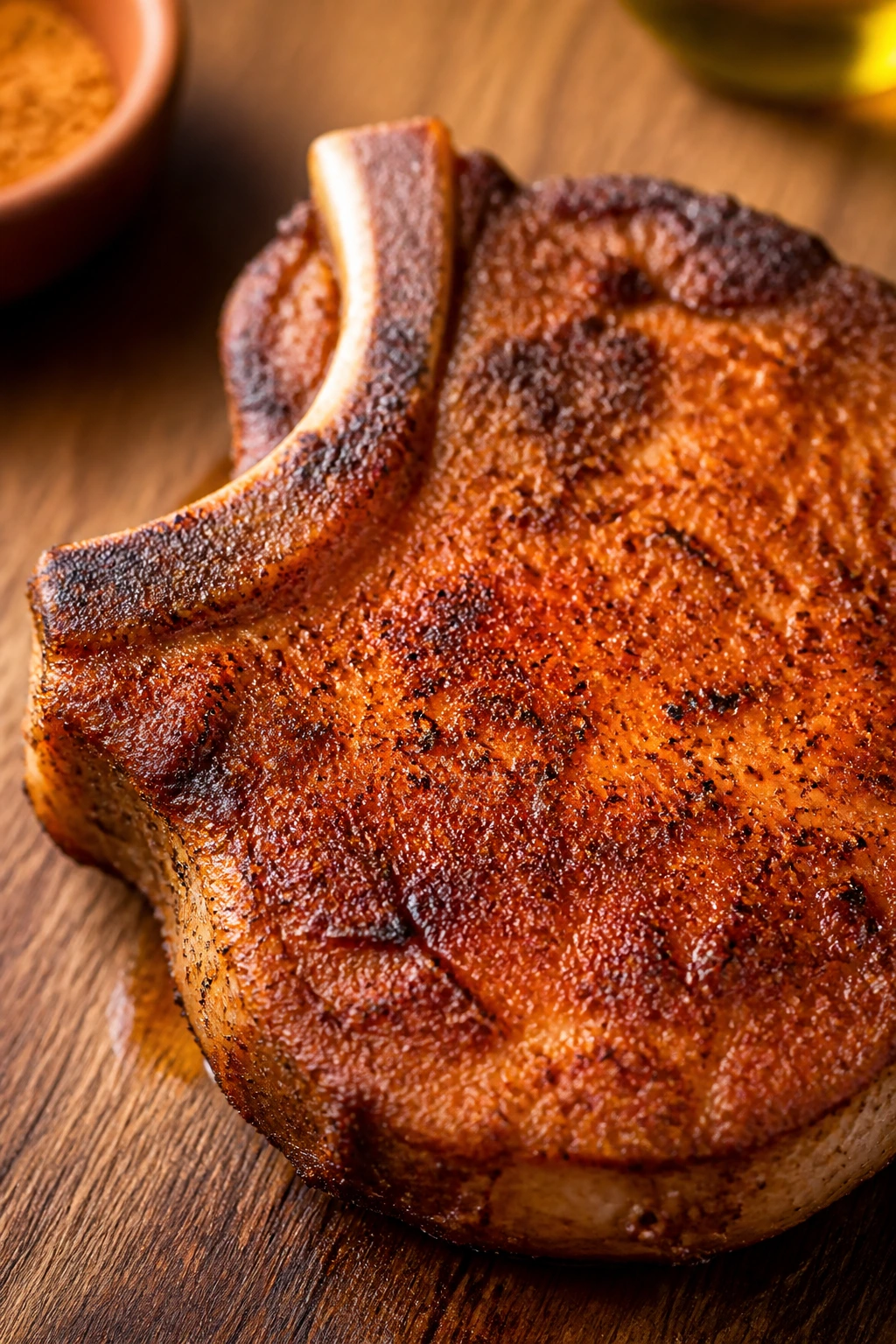 Bone-in pork chop with spice rub on wooden board.