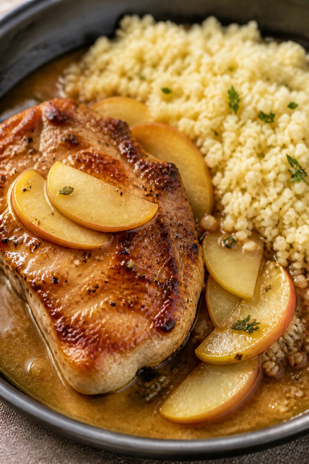 Close-up of seared pork chop with apple pan sauce and couscous