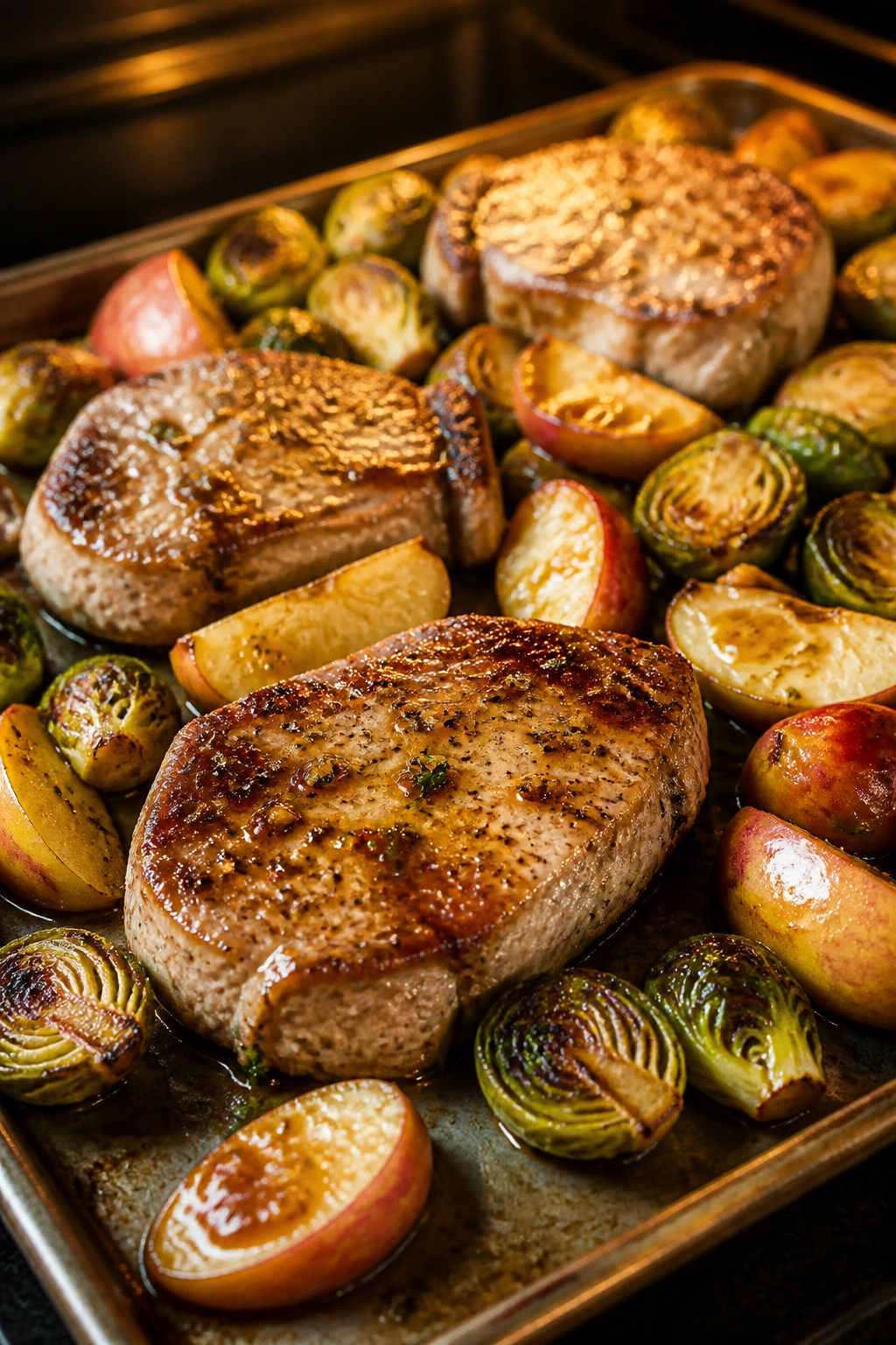 Sheet pan with pork chops apples and Brussels sprouts