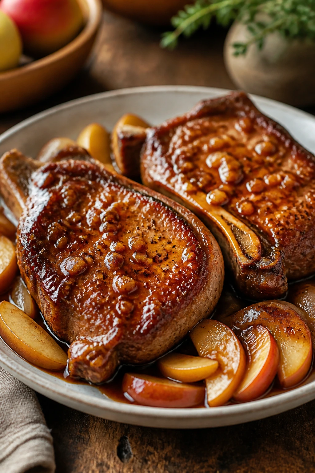 Bone-in pork chops with apple slices and glaze