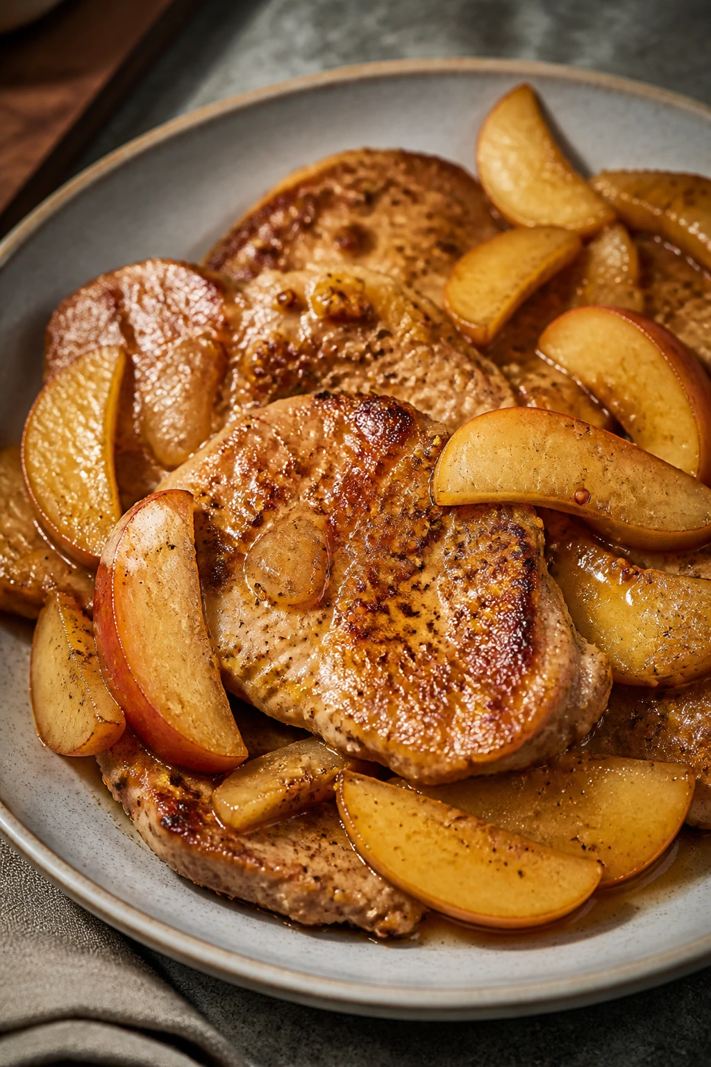 Pork chops with apples and Dijon glaze on a plate