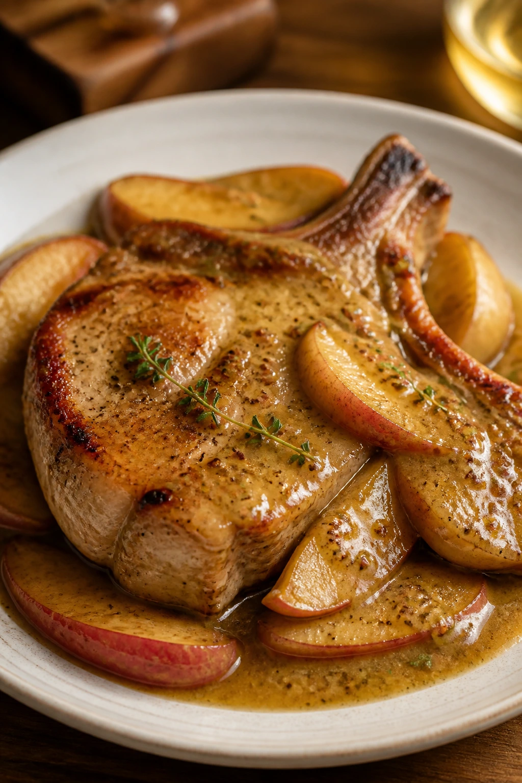 Pork chop with apples and Dijon sauce on plate