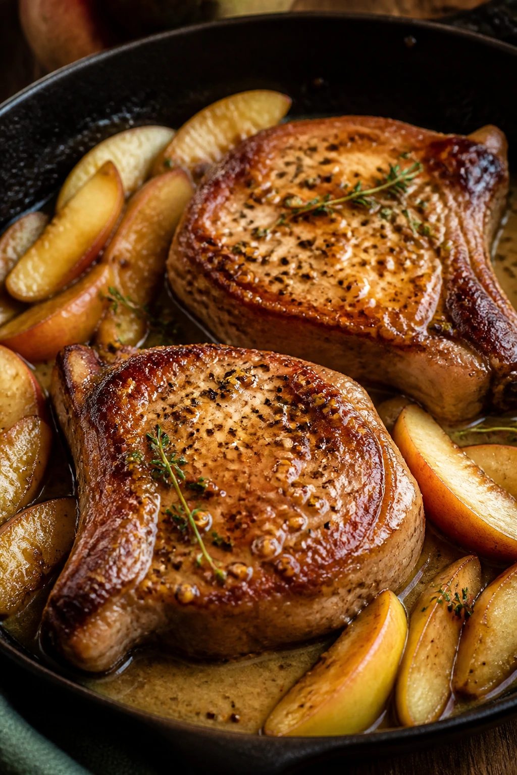 Pork chops with apples in a skillet with Dijon pan sauce