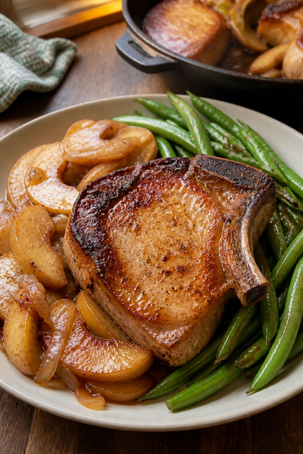 Close-up of pork chops with apples and green beans on a plate.