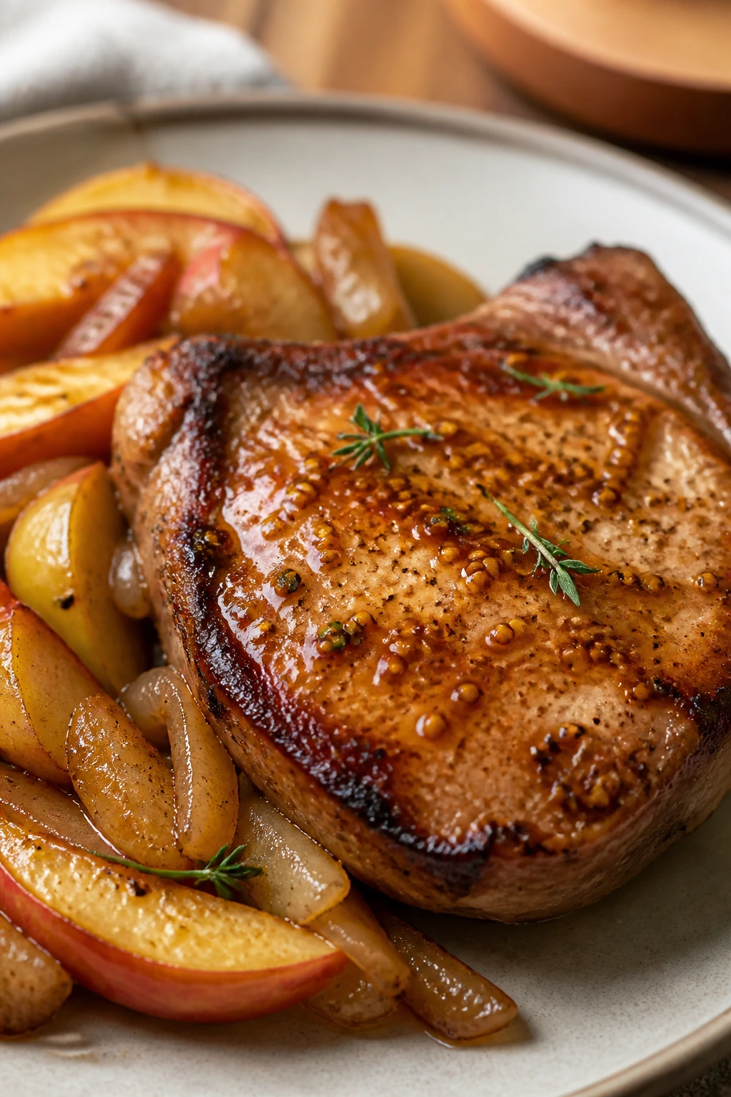 Juicy pork chop with apples and onions on plate