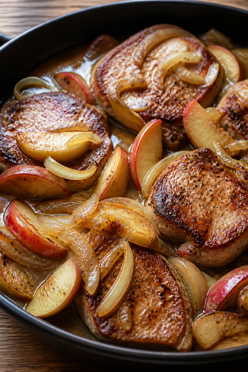 Close-up of pork chops with apples and onions in skillet