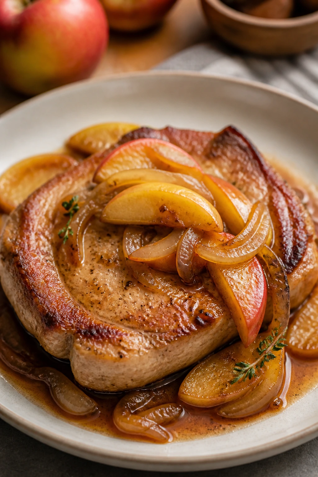Pork chops with apples and onions on plate