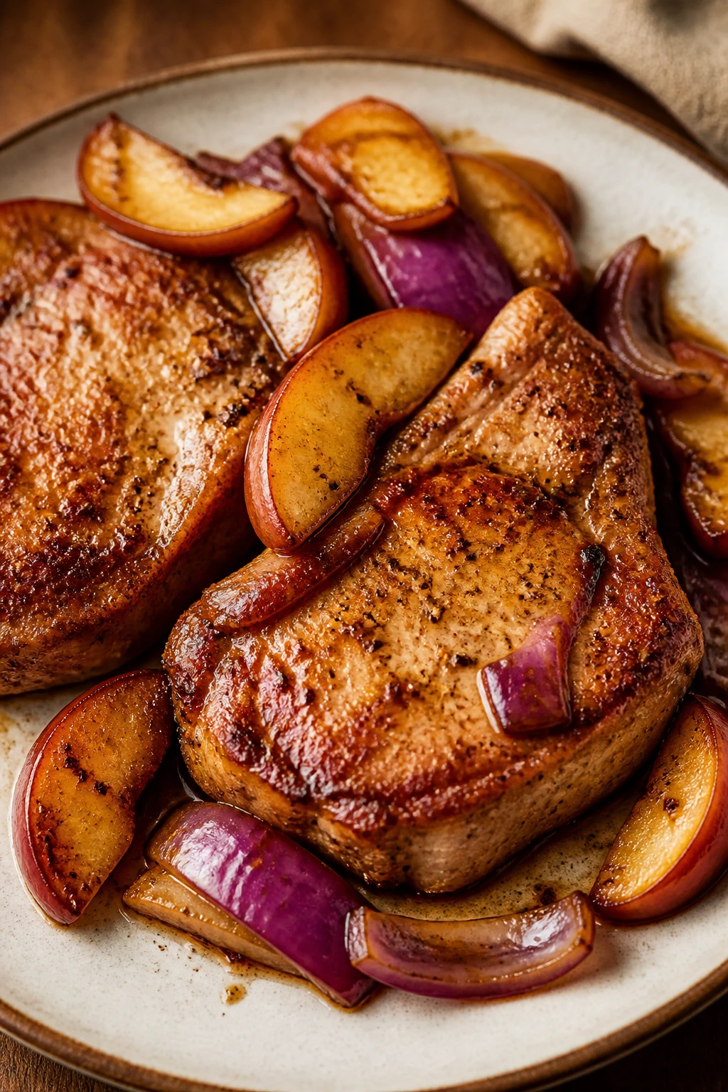 Two pork chops with apples and red onions