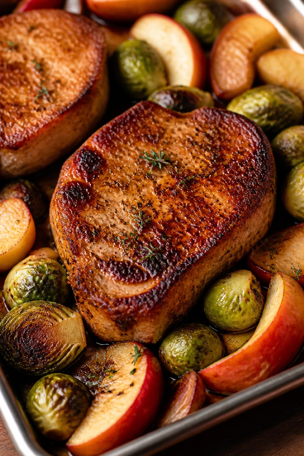 Close-up of pork chop with Brussels sprouts and apples